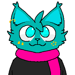 Drawing of a furry character, depicting a cat with blue fur, he is wearing a red/pink scarf and an ear piercing, he has two triangles on his right cheek and a 5 star branches on the left one